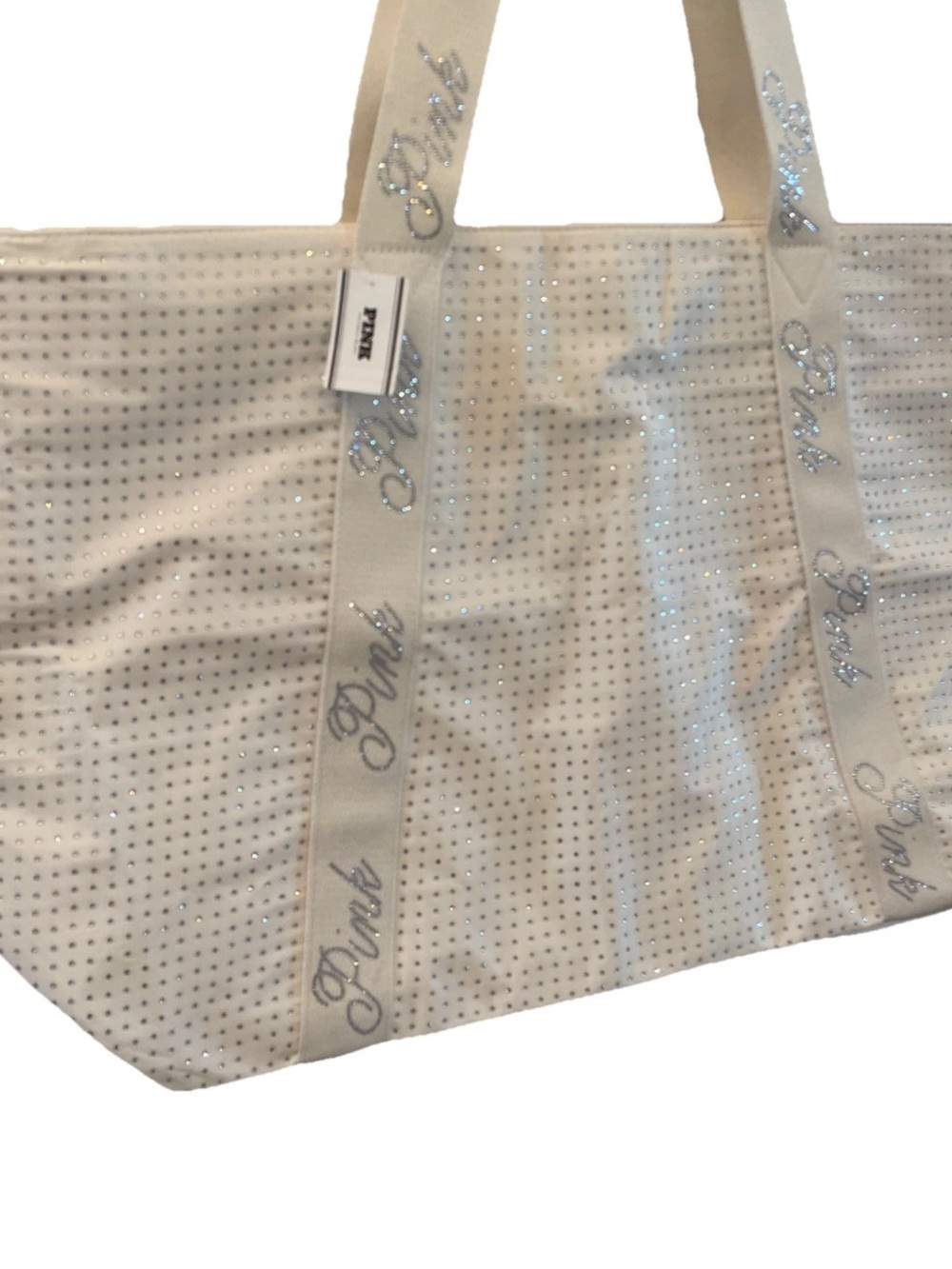 NWT Victoria's Secret Pink Tote Bag White Rhinestone Sparkle Top Zip *Imperfect